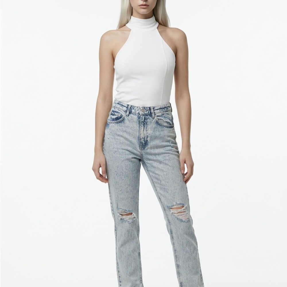 Zara Light Blue Straight Leg Ripped Jeans